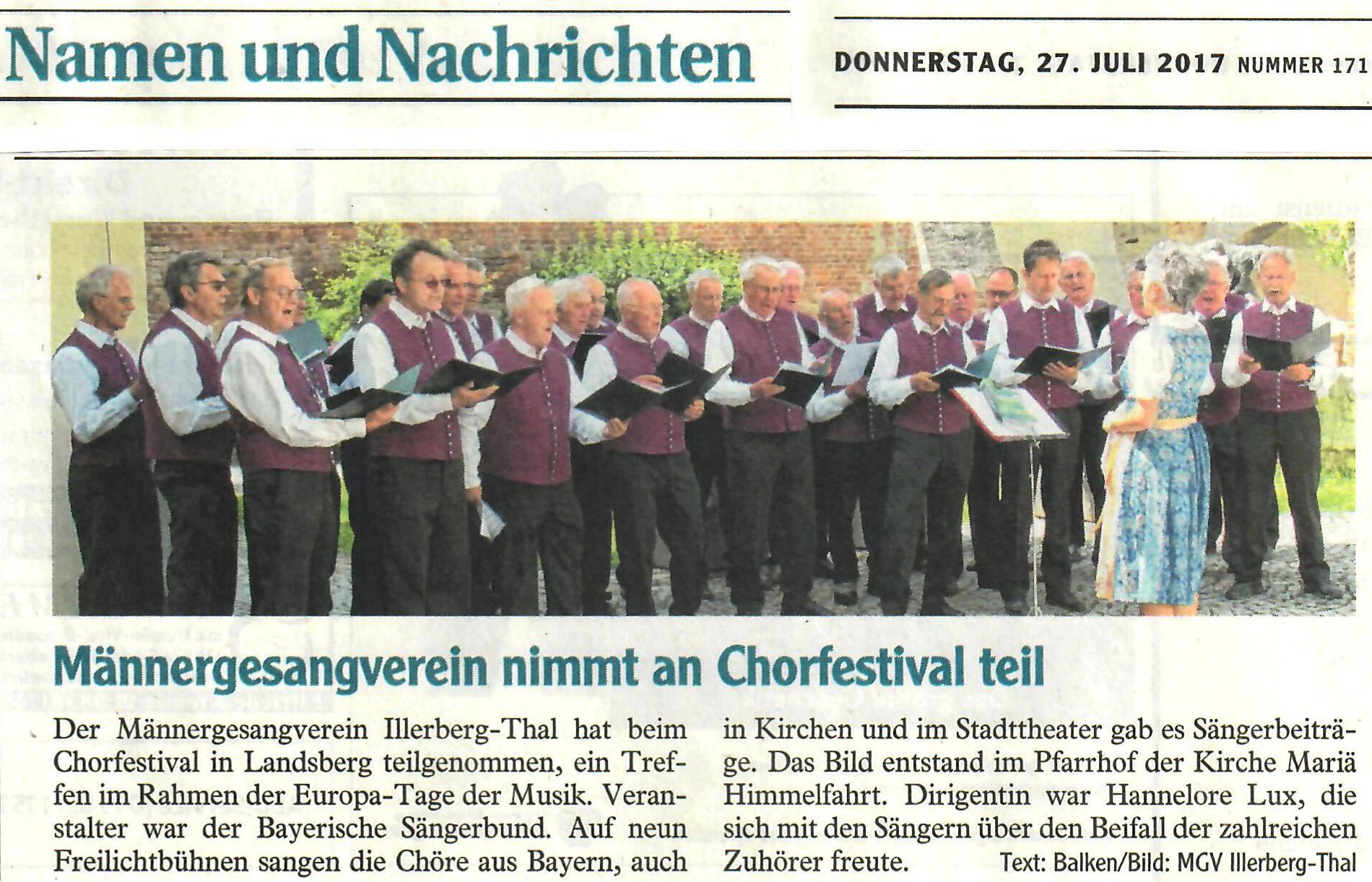 Auftritt des Männerchors bei den Europa-Tagen der Musik in Landsberg am 01. Juli 2017