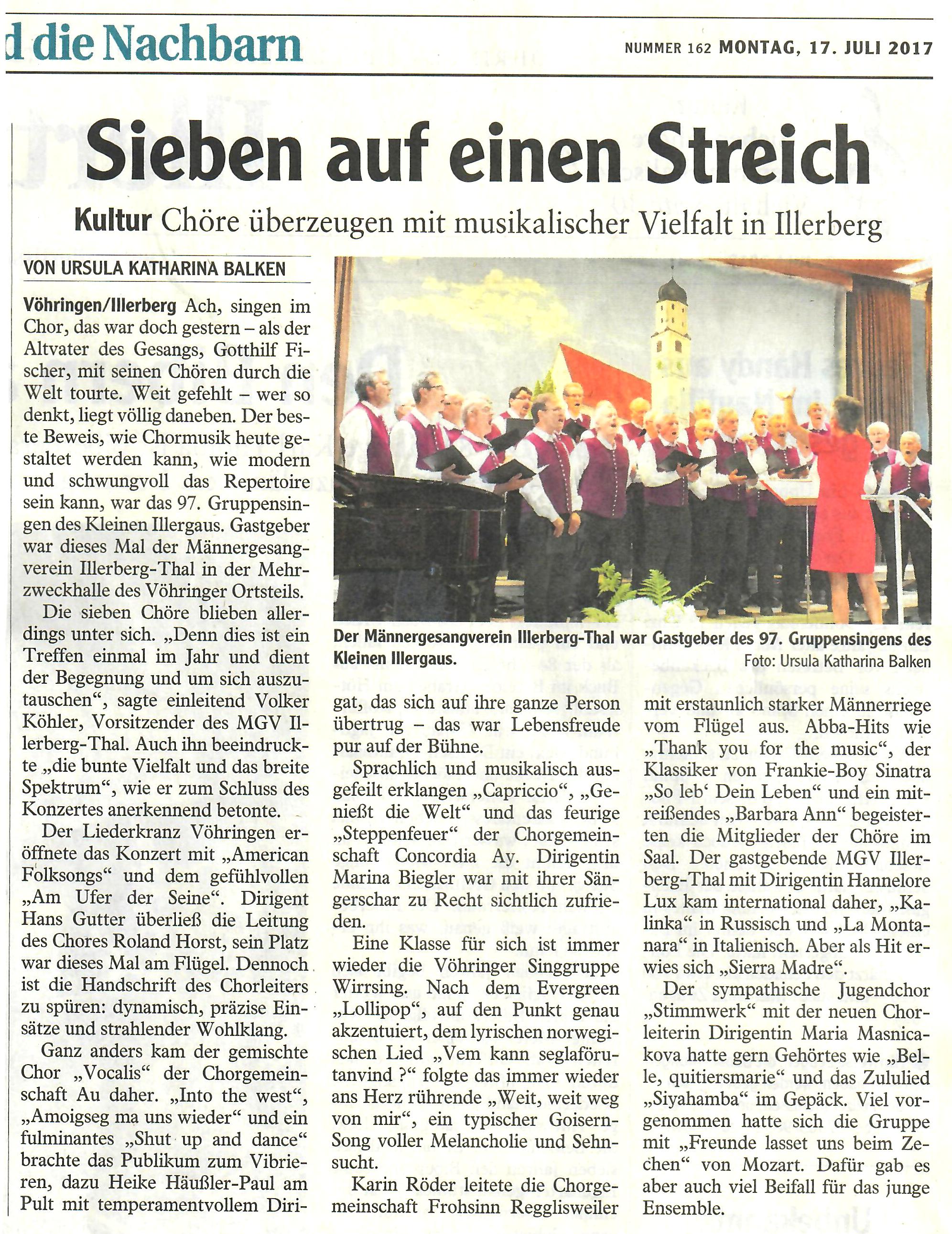 97. Gruppensingen Sängergruppe Kleiner Illergau. Konzert "Im Lied um die Welt" am 16. Juli 2017