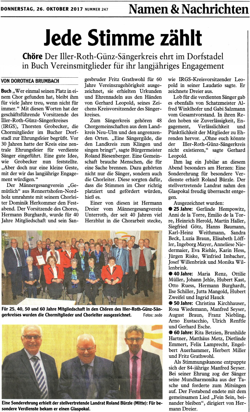 IZ-Artikel von der IRG-SK Ehrungsfeier am 20. Oktober 2017 im Dorfstadl in Buch